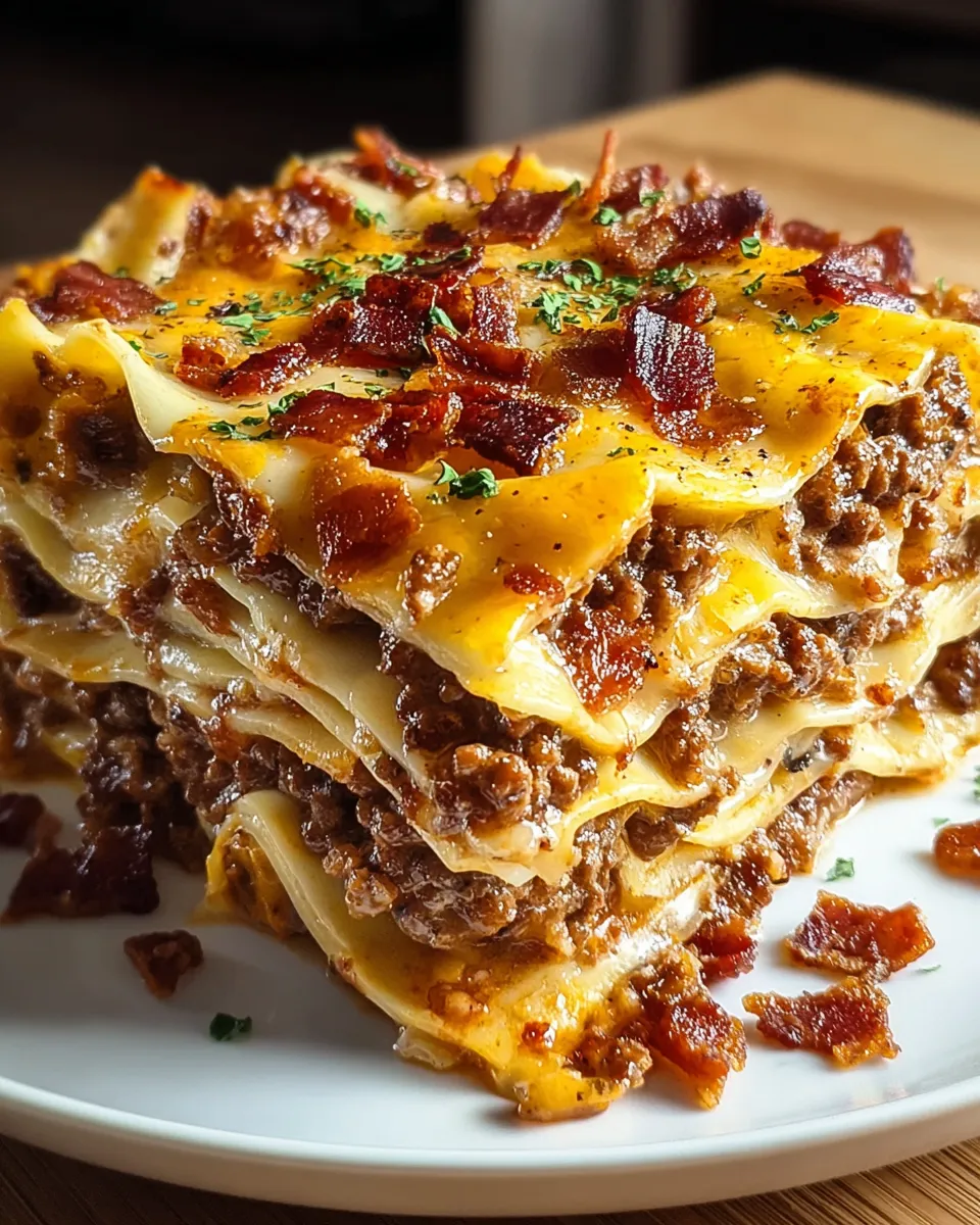Eine Platte mit Parmesan Garlic Bacon Lasagna auf einem Tisch.