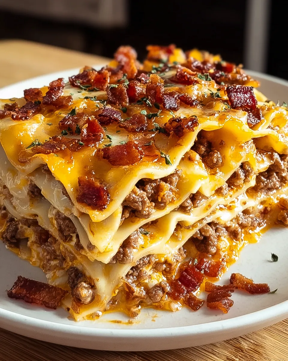 Eine Platte mit Lasagna, die mit Parmesan, Garlic und Bacon garniert ist.