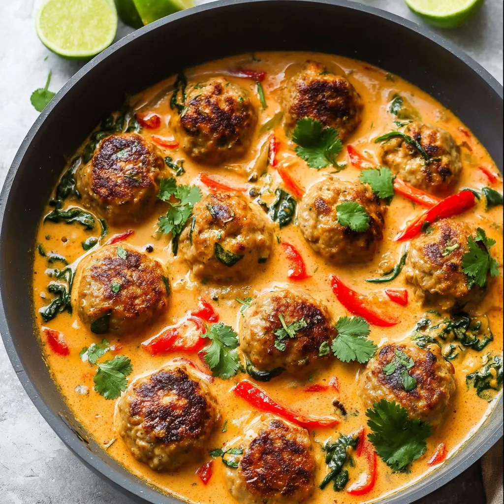 Ein schwarzes Kochgeschirr mit einer Curry-Speise, die aus Chicken-Meatballs und Coconut-Milch besteht.