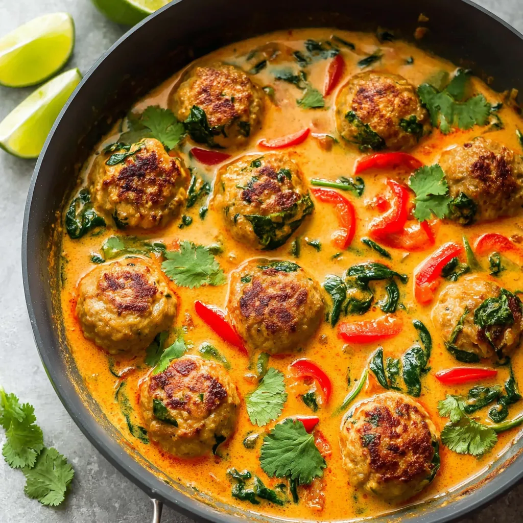 Ein Wok mit Coconut Curry Chicken Meatballs, garniert mit grünen Zutaten wie Koriander und Lime.