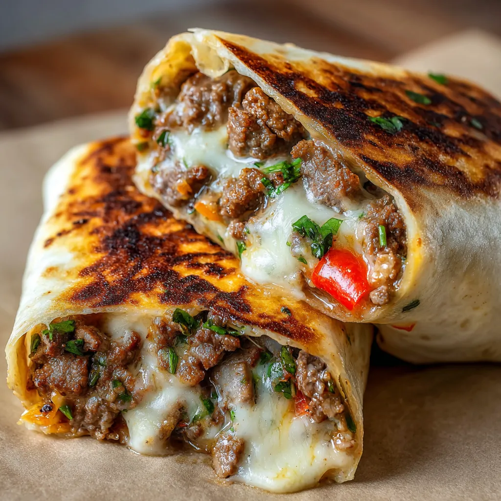 Ein Philadelphia Cheesesteak Wrap, der in einer Schachtel aufbewahrt wird.