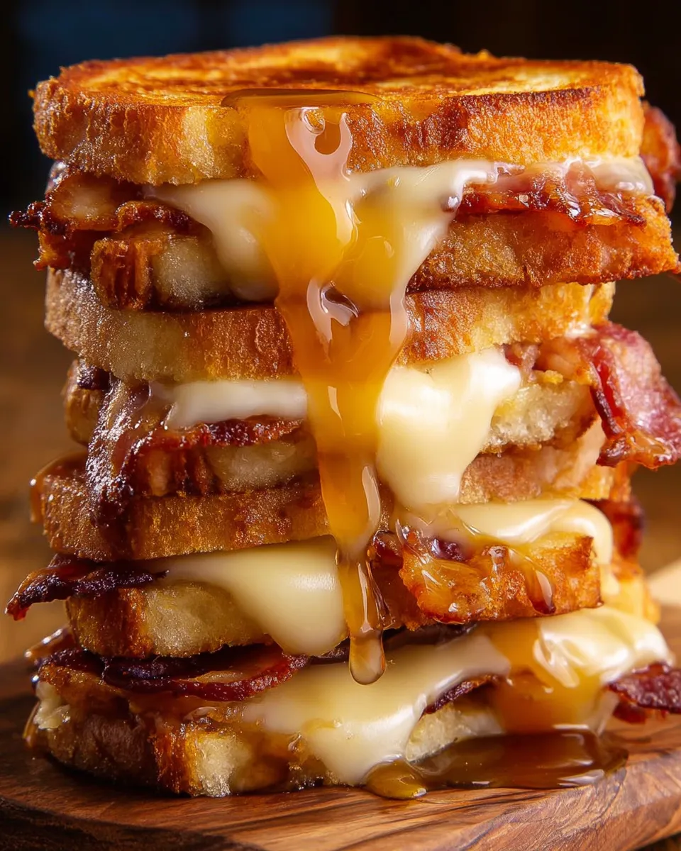 Eine Schicht aus Bacon und Käse, die mit Bierbatter zubereitet wurde, auf einem Tisch.