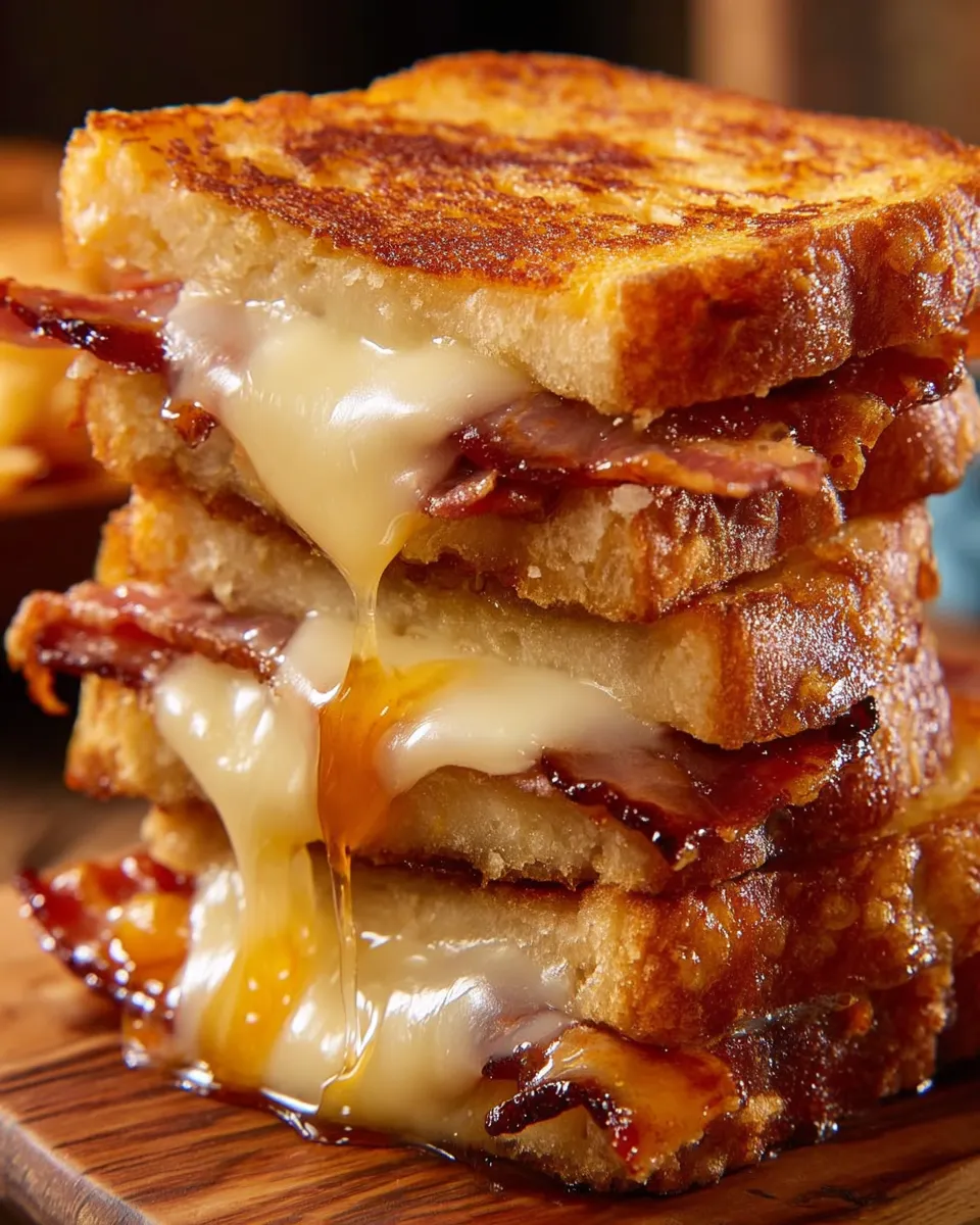 Eine Schicht aus Beer Battered Grilled Cheese mit Bacon.