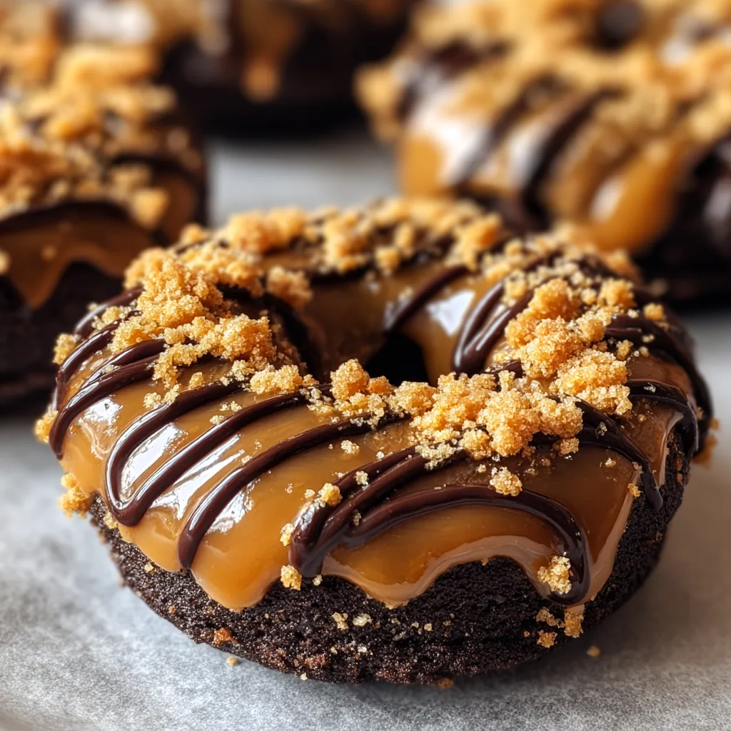 Ein Samoa Donut mit Schokoladensoße und Walnussstreusel.