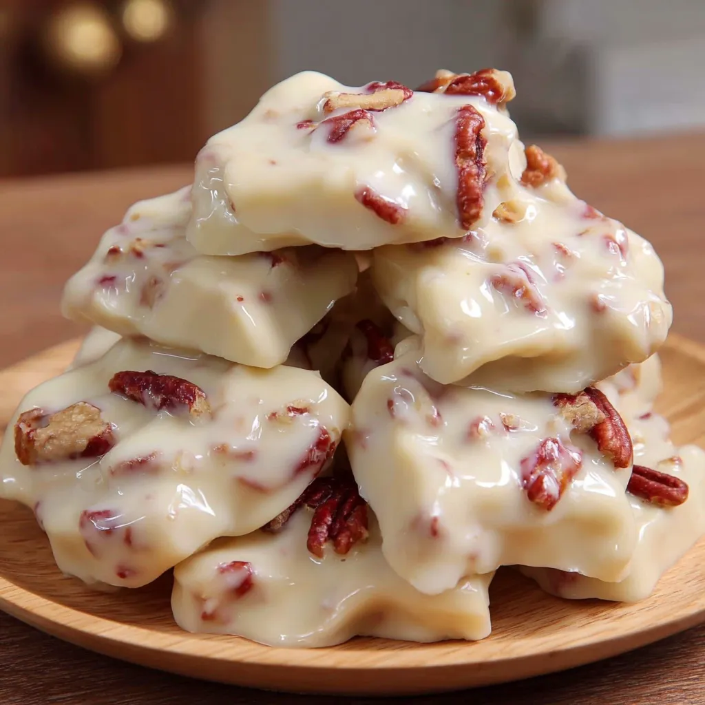 Eine Platte mit Vanilla Pecan Pralines, die in einer Pyramide aufgebaut sind.