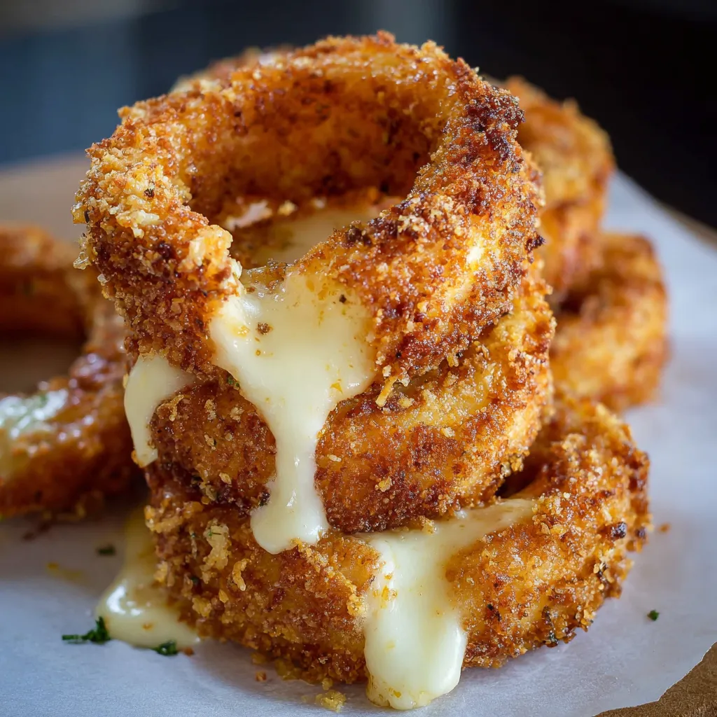 Eine Schicht von Mozzarella auf Cheesy Onion Rings.