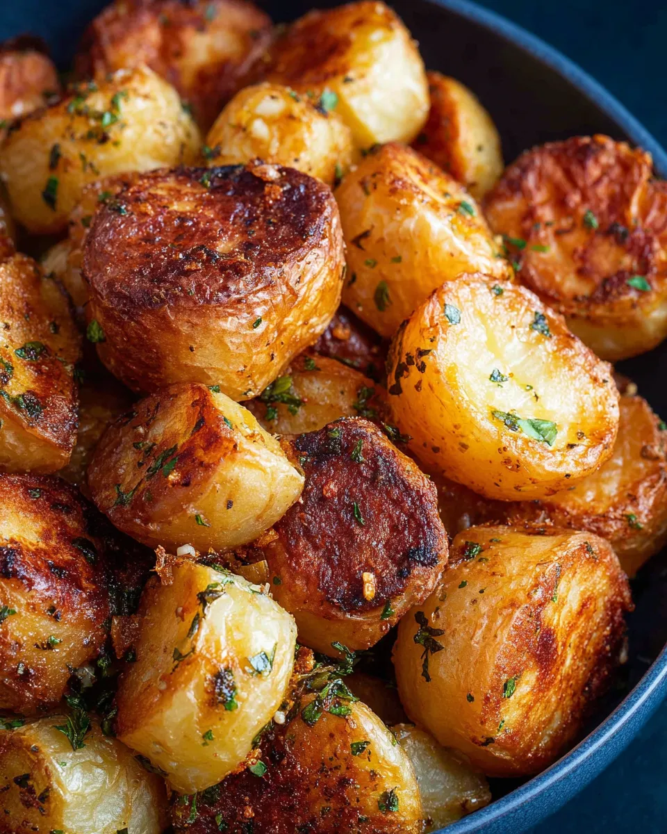 Ein Bild von besten Crispy Roast Potatoes, die in einem Schälchen oder einer Schüssel präsentiert werden.