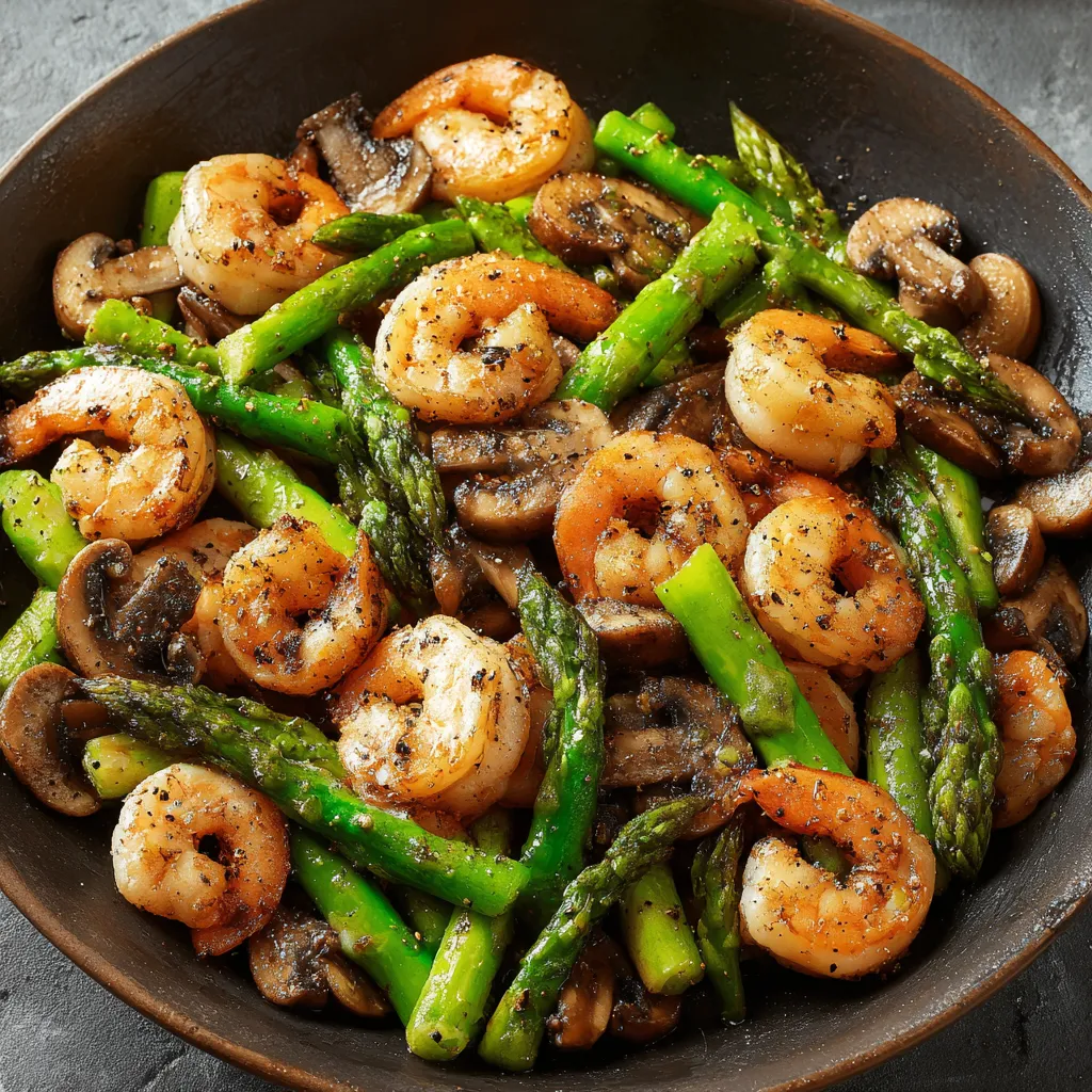 Ein Schalen mit einer Mischung aus Garnelen, Asparagus und Champignons.