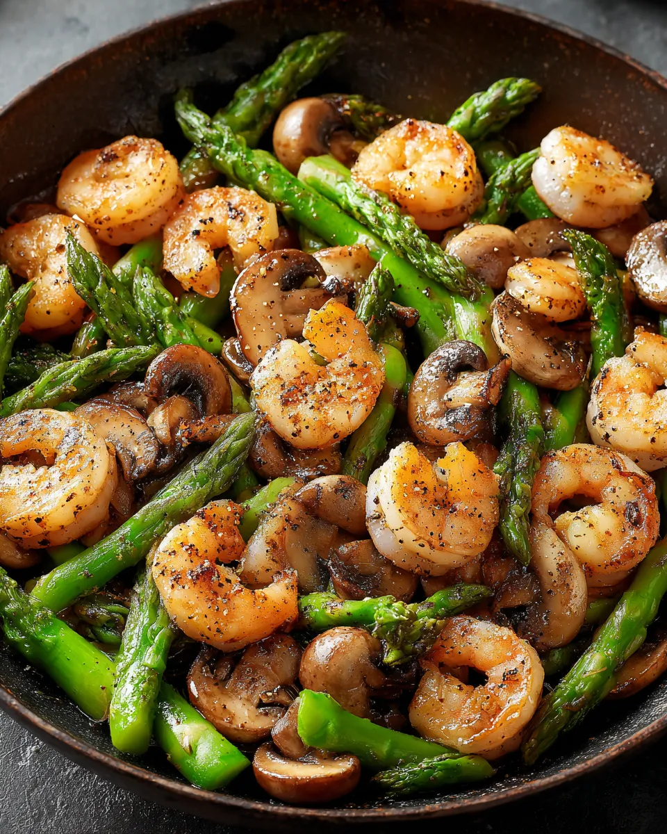 Ein Schalen mit Stir-fried Shrimp Asparagus Mushrooms.