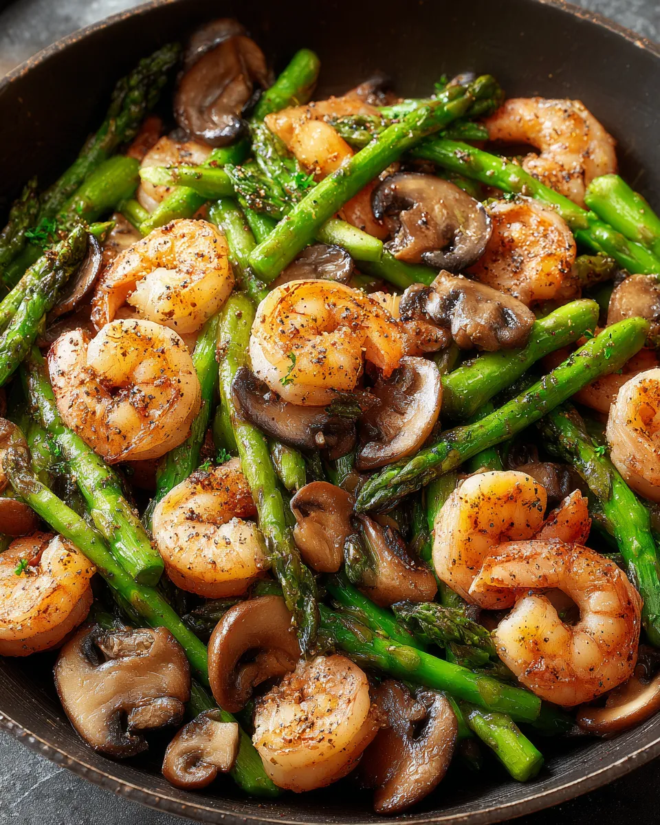 Ein Bild von einer Mischung aus Shrimp, Asparagus und Champignons, die in einer Pfanne mit Öl zubereitet wurden.