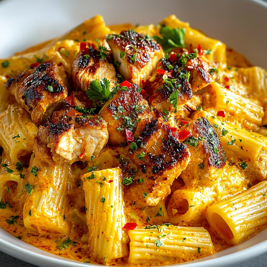 Ein weißer Teller mit einer Mischung aus Pasta, Chicken und Tomaten.