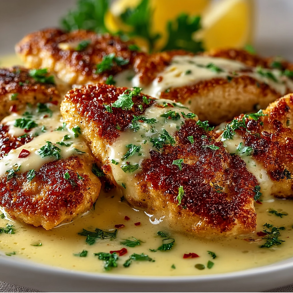 Eine Platte mit gegrillten Fischstücken, die mit Sauce und Zwiebeln garniert sind.