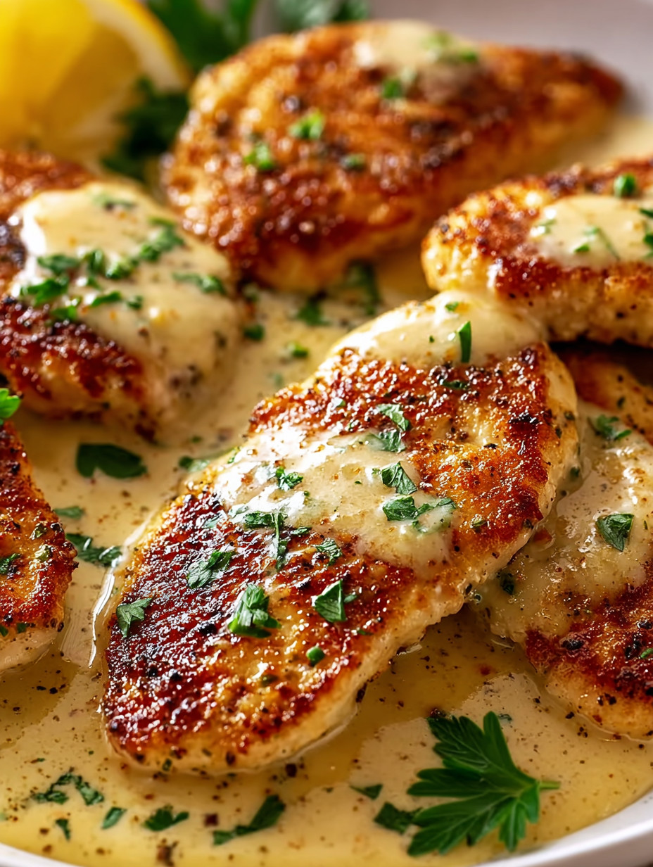 Eine Gruppe von Chicken-Stücken, die in einer Sauce liegen.