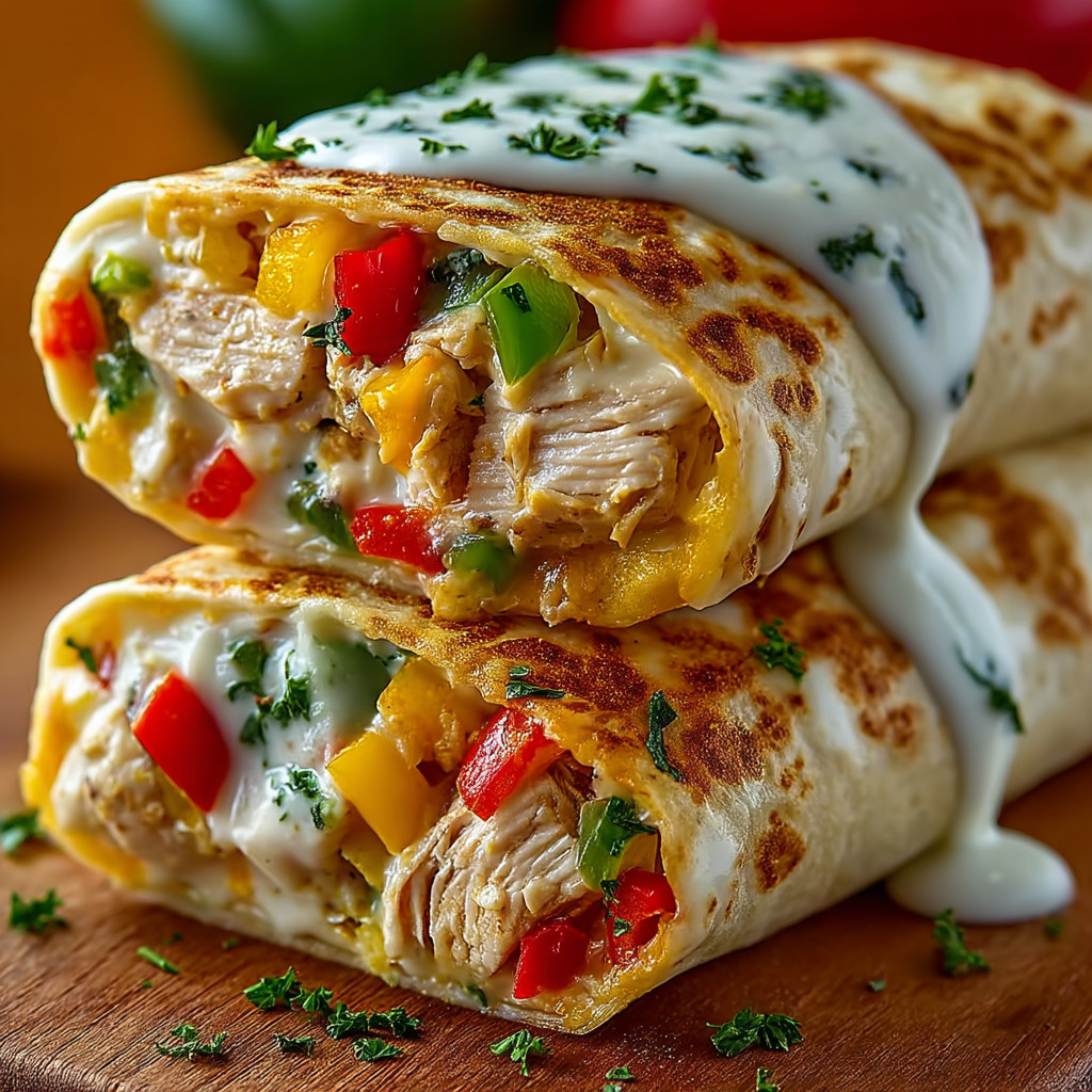 Ein prägnantes Bildbeschreibungstext auf Deutsch lautet: "Ein Sandwich mit Chicken, Pepers und Tomaten auf einem Tisch.