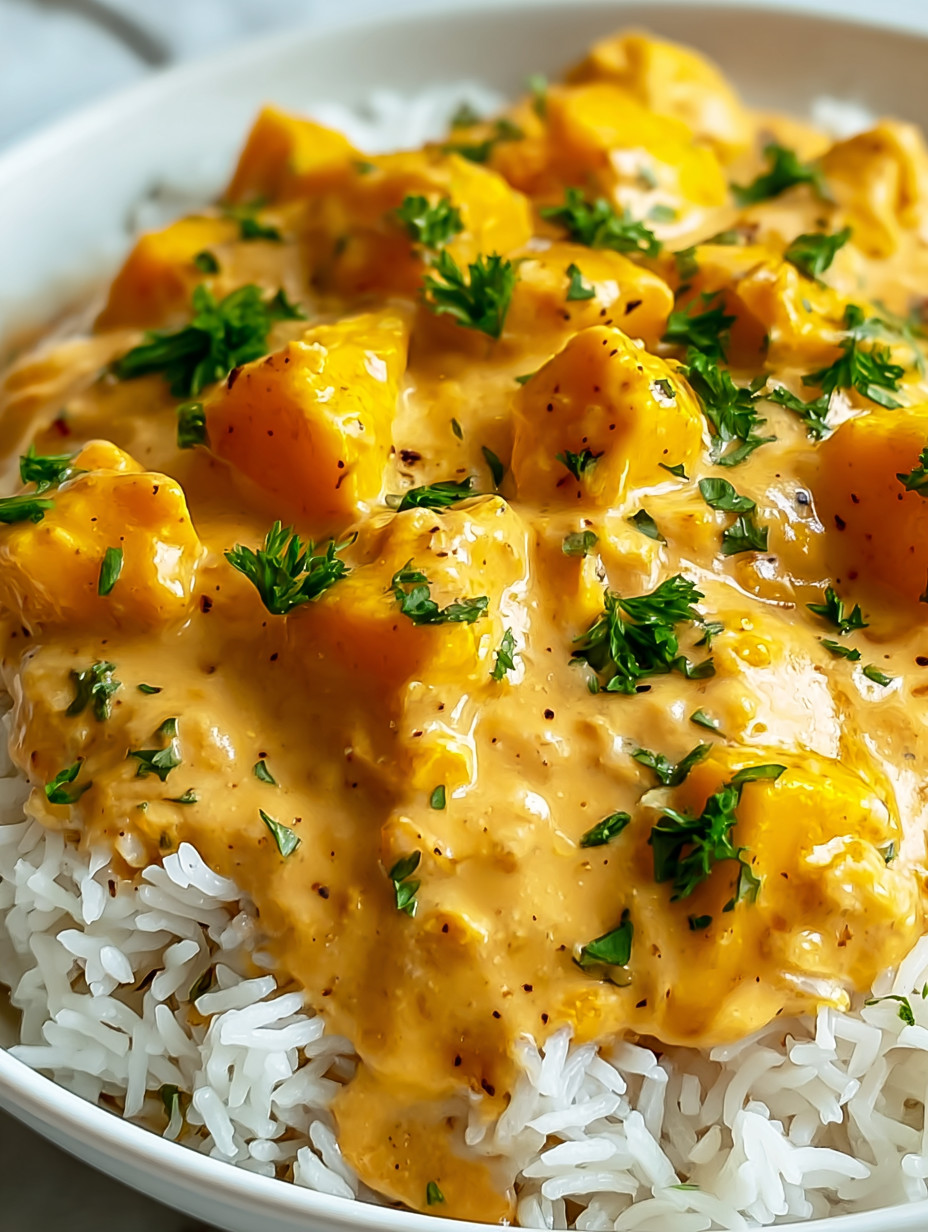 Ein Bild von einer Schüssel mit Reis und einer cremigen Sauce, die mit Zwiebeln und Kokosnüssen garniert ist.