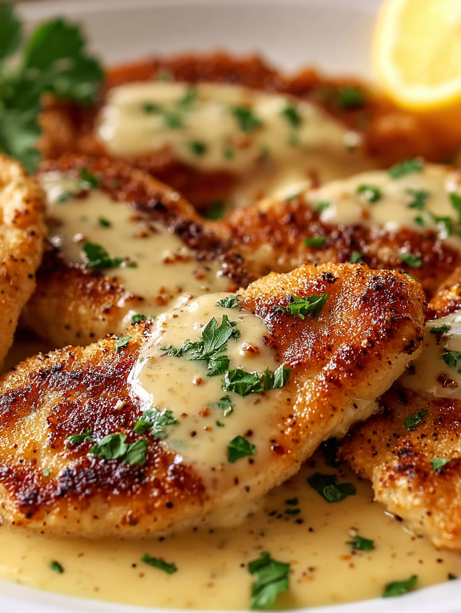 Eine Platte mit gegrillten Chicken-Streifen, die mit Sauce und Kräutern garniert sind.