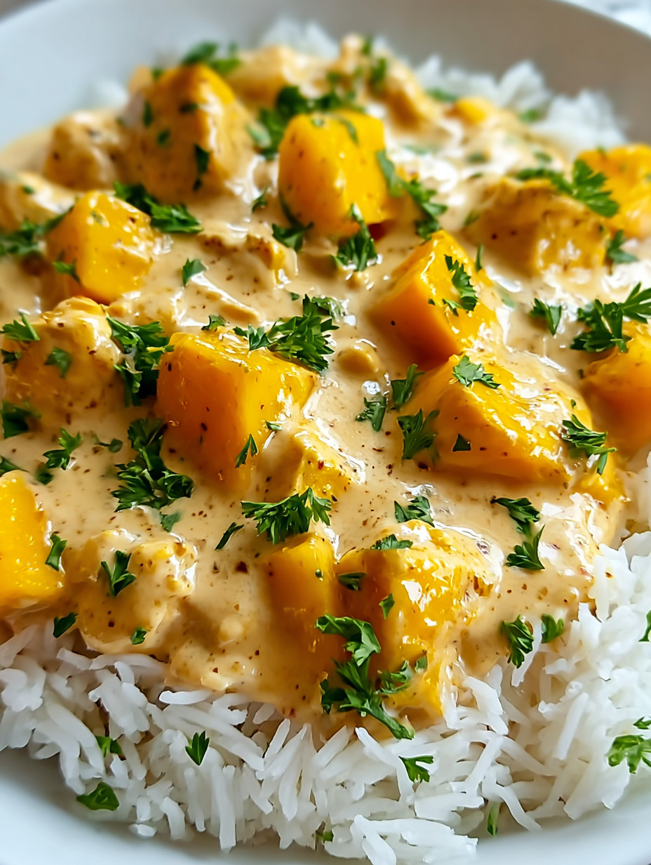 Eine Schüssel mit Reis und einer cremigen Sauce, die mit Zwiebeln und Kokosnüssen garniert ist.