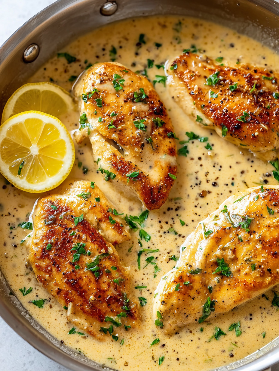 Eine Schüssel mit gegrillten Chicken-Stücken, die mit Parsley und Zitrone garniert sind.