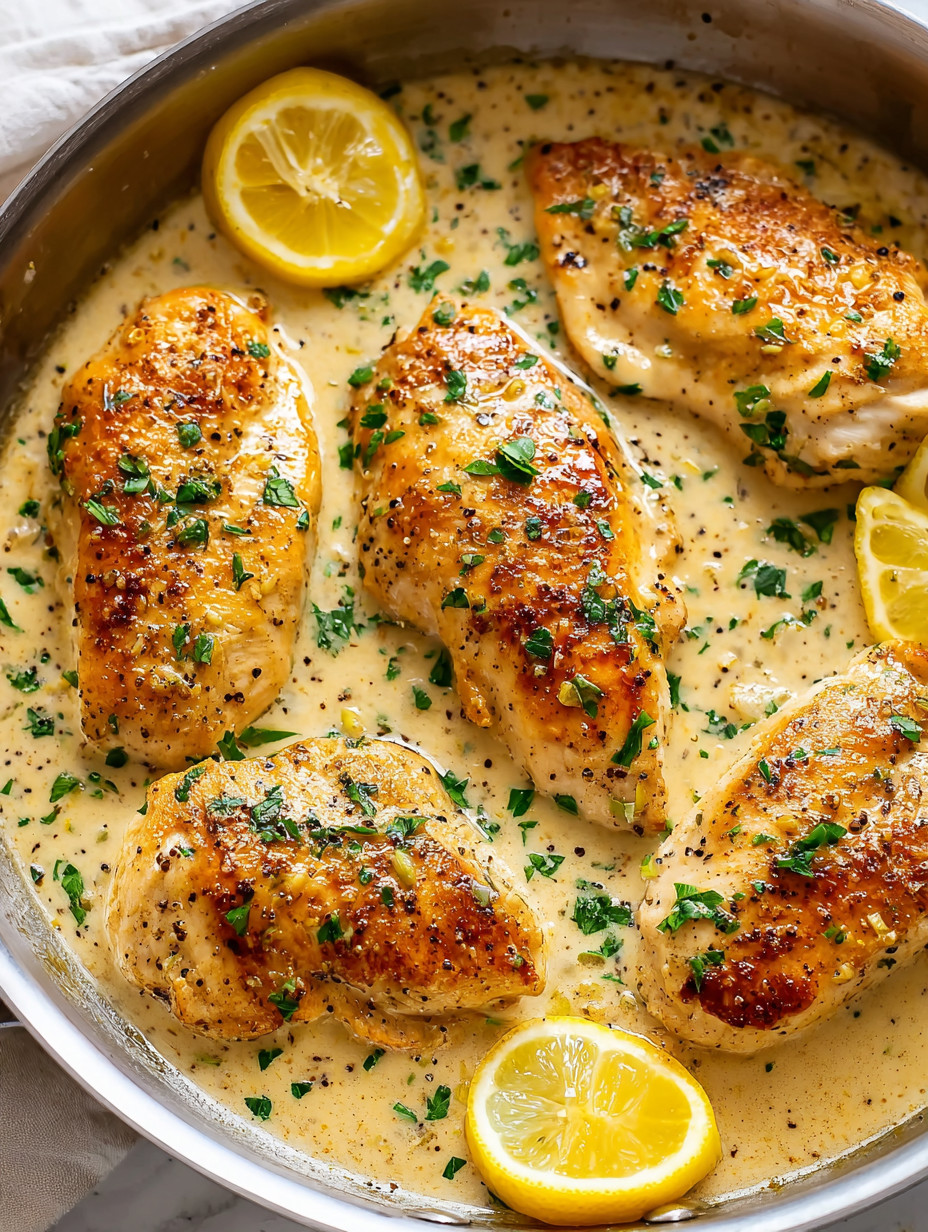 Eine Schüssel mit gegrillten Chickenbrustchen, die mit Zitrone und Parsley garniert sind.
