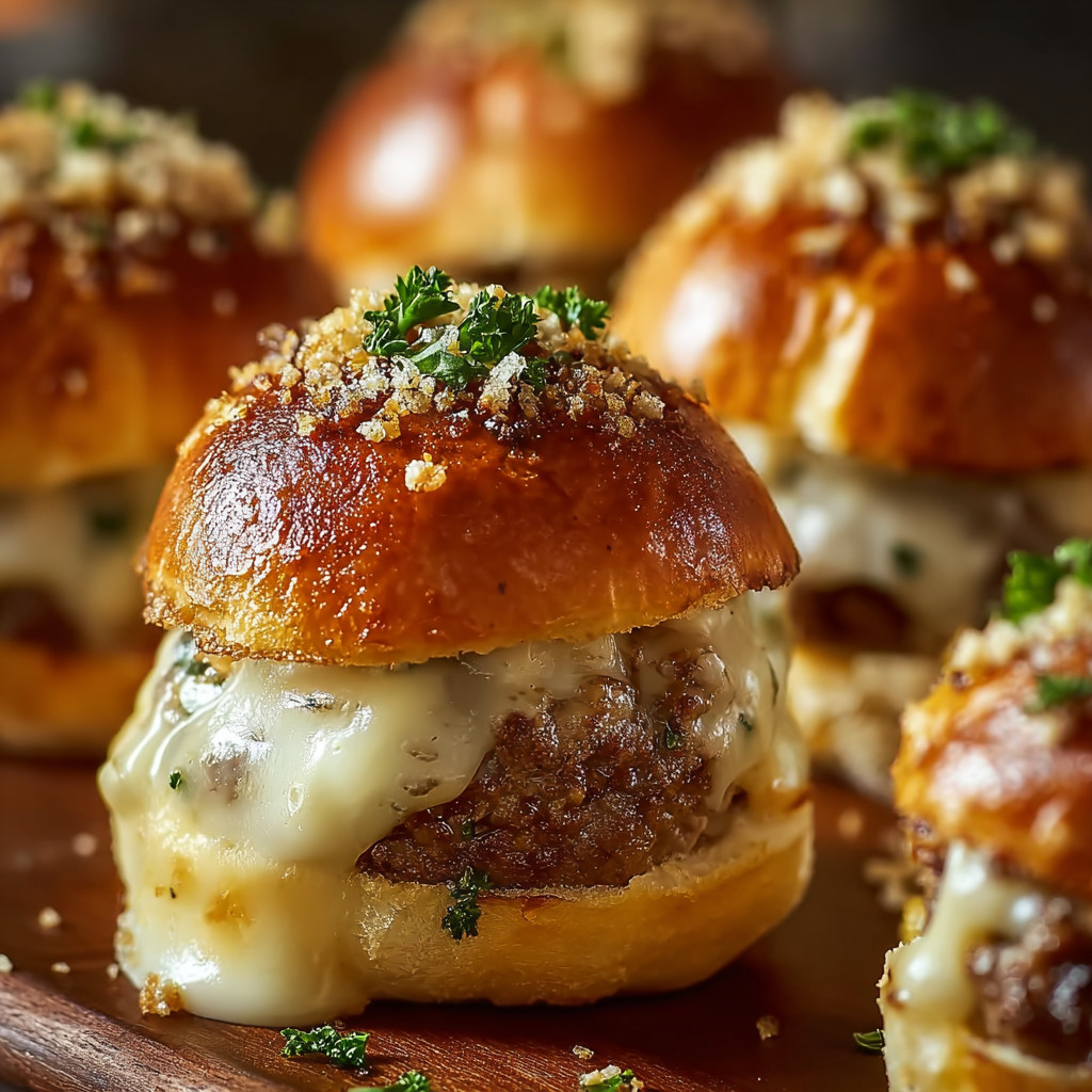 Eine Gruppe von gegrillten Hamburgerchen mit Käse und Gewürzen auf einem Teller.