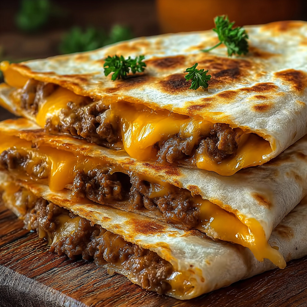 Eine Schicht aus Käse und Rindfleisch auf einer Tortilla.