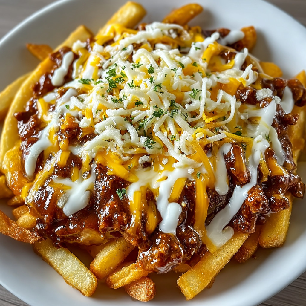 Ein Plate mit Frites und Chili-Cheese-Sauce.