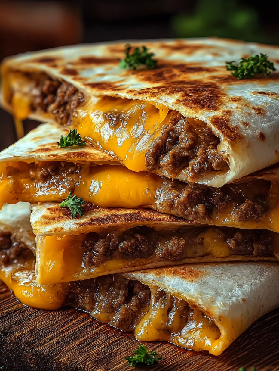 Eine Schicht aus Käse und Rindfleisch auf einer Tortilla.