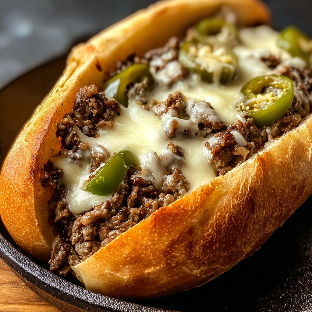 Ein Sandwich mit Rindfleisch, Käse und Paprika.