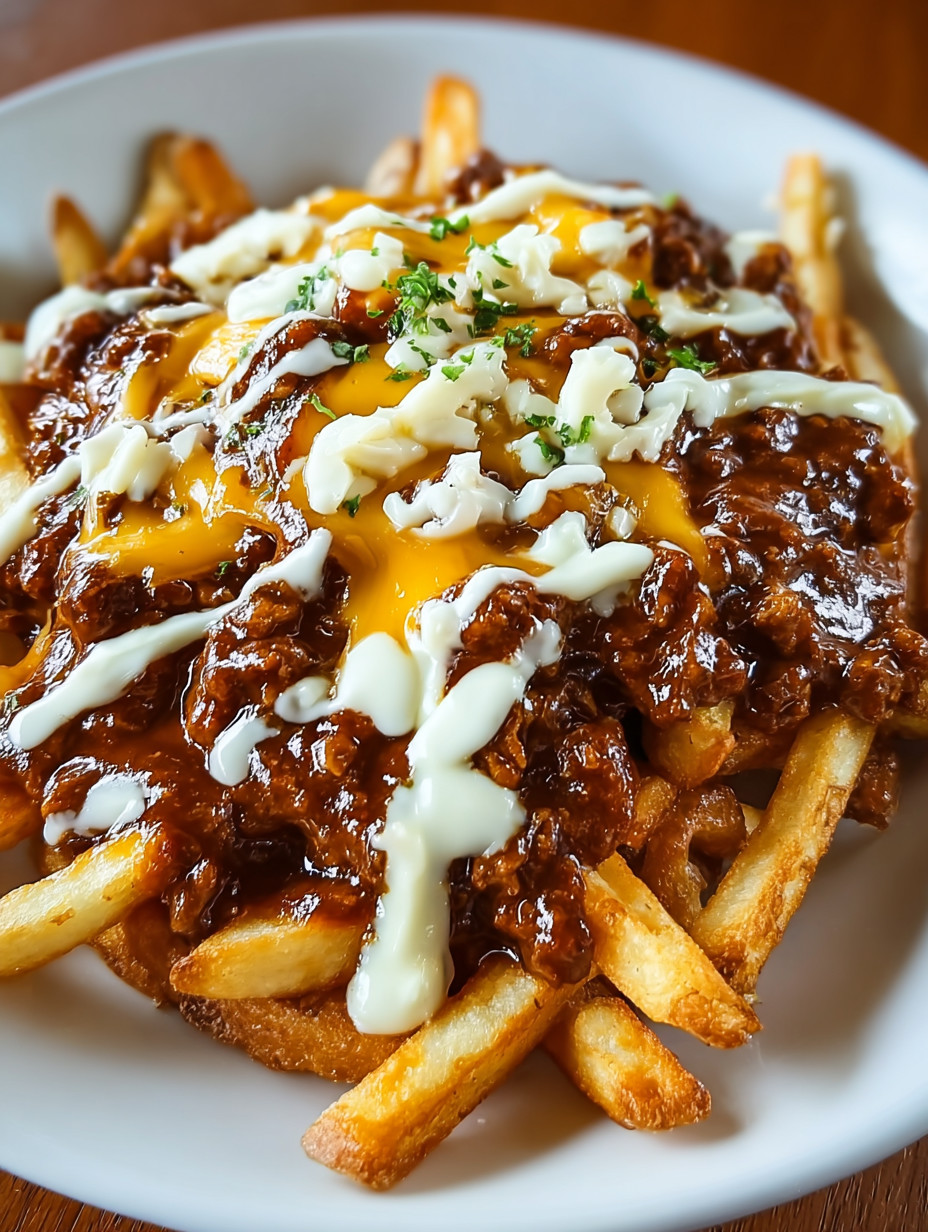 Eine Platte mit Frites und Chili-Cheese-Sauce.