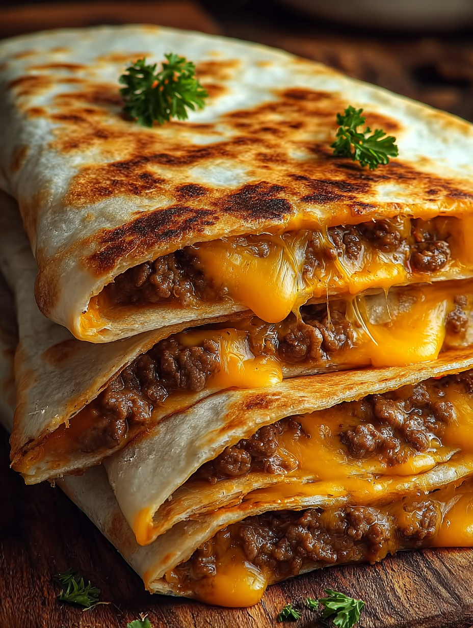 Eine Schicht aus Meat, Käse und Tortillas, die auf einem Tisch aufgetürmt sind.