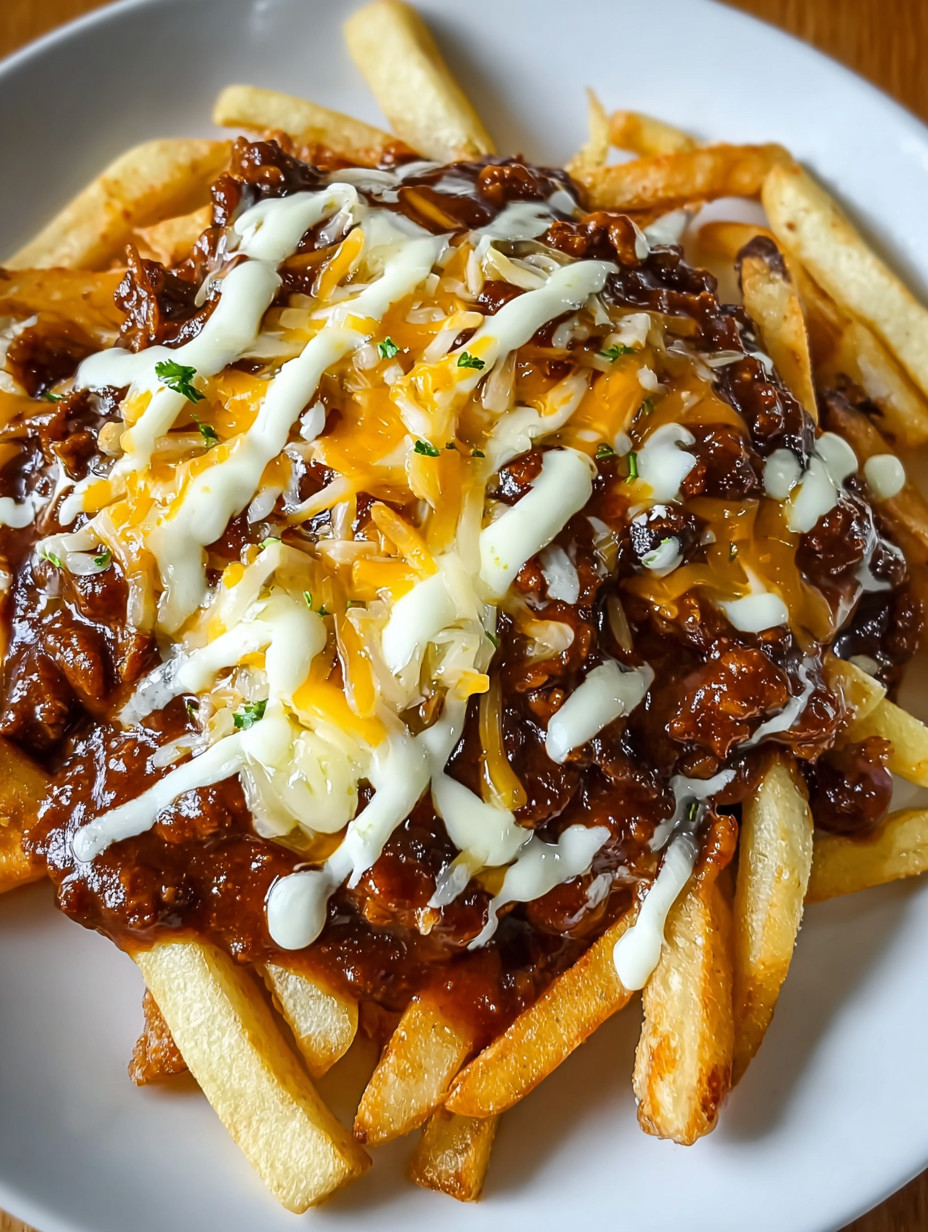 Eine Platte mit Chili-Cheese-Fries und Chili-Cheese-Sandwich.