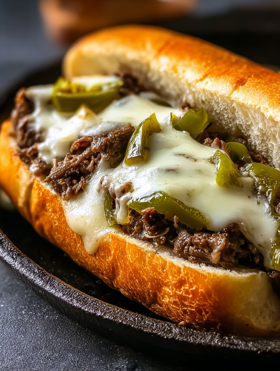 Ein Sandwich mit Rindfleisch, Käse und Paprika.