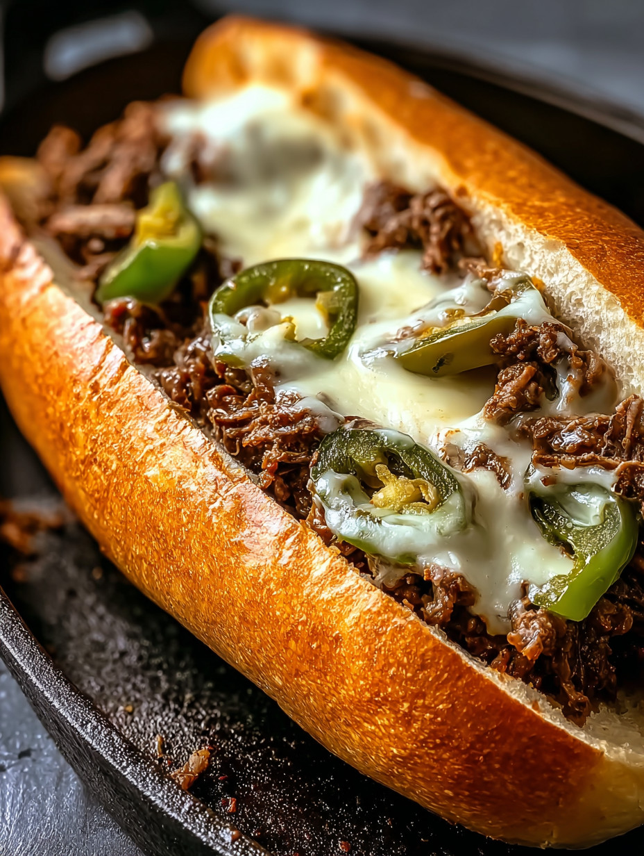 Ein Sandwich mit Rindfleisch, Jalapeno und Käse auf einem Teller.