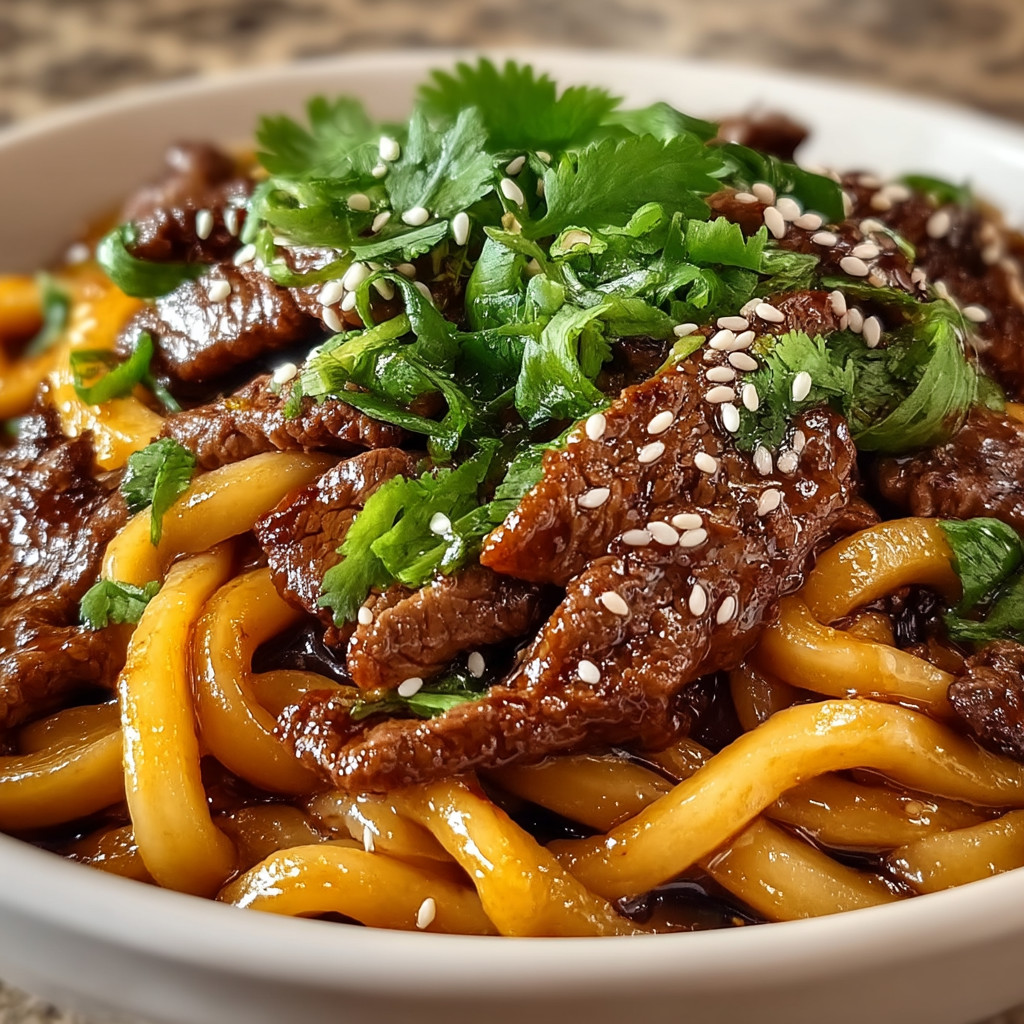 Ein weißer Teller mit einer Mischung aus Fleisch, Zwiebeln und Sesamkörnern.