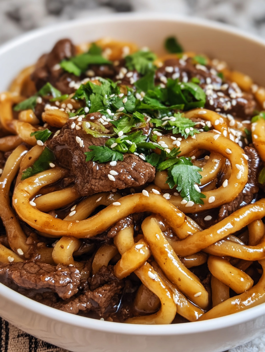 Ein weißer Teller mit einer Mischung aus Meatballs, Noodles und Zwiebeln.