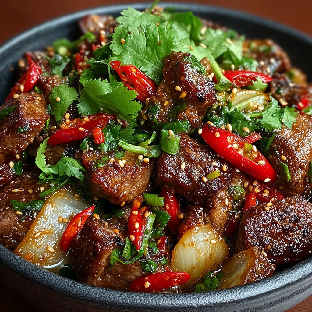 Ein schönes Gericht aus Rindfleisch, Zwiebeln und Paprika in einem schwarzen Behälter.