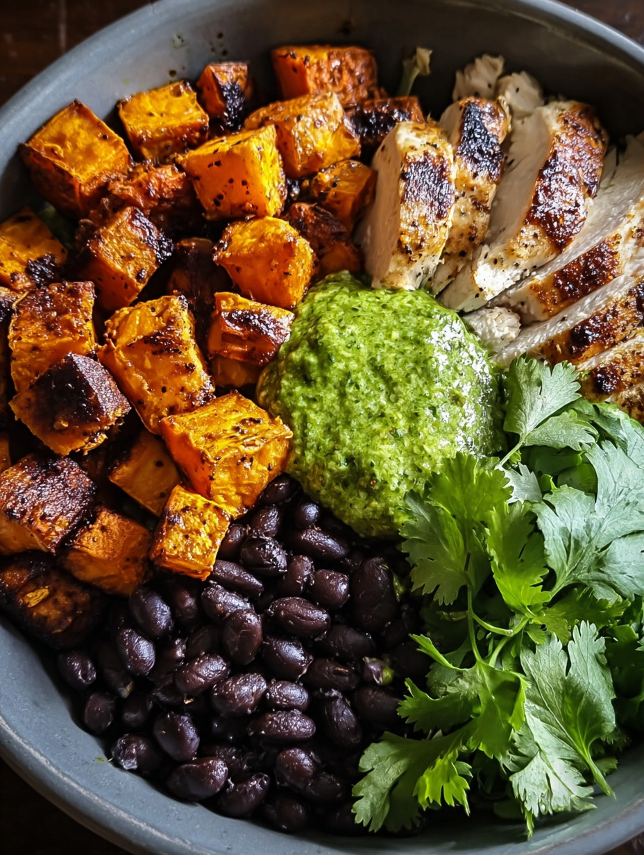 Ein Schüssel mit einer Mischung aus Gemüse, darunter Paprika, Kürbis, Linsen und Zwiebeln, sowie gegrilltem Chicken und beans.