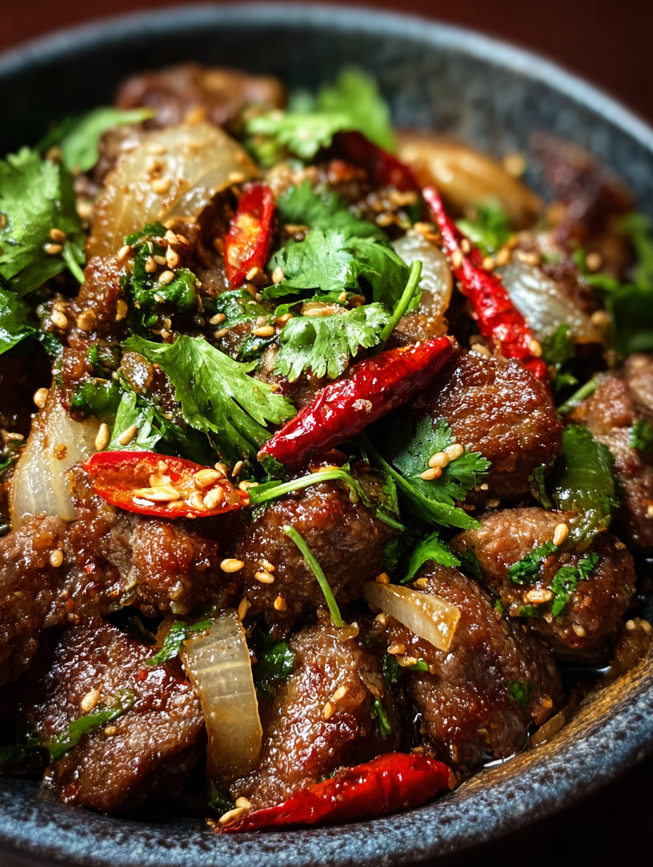 Ein Bild von einer Schüssel mit gegrilltem Fleisch, Garnelen, Zwiebeln und Chilischoten.