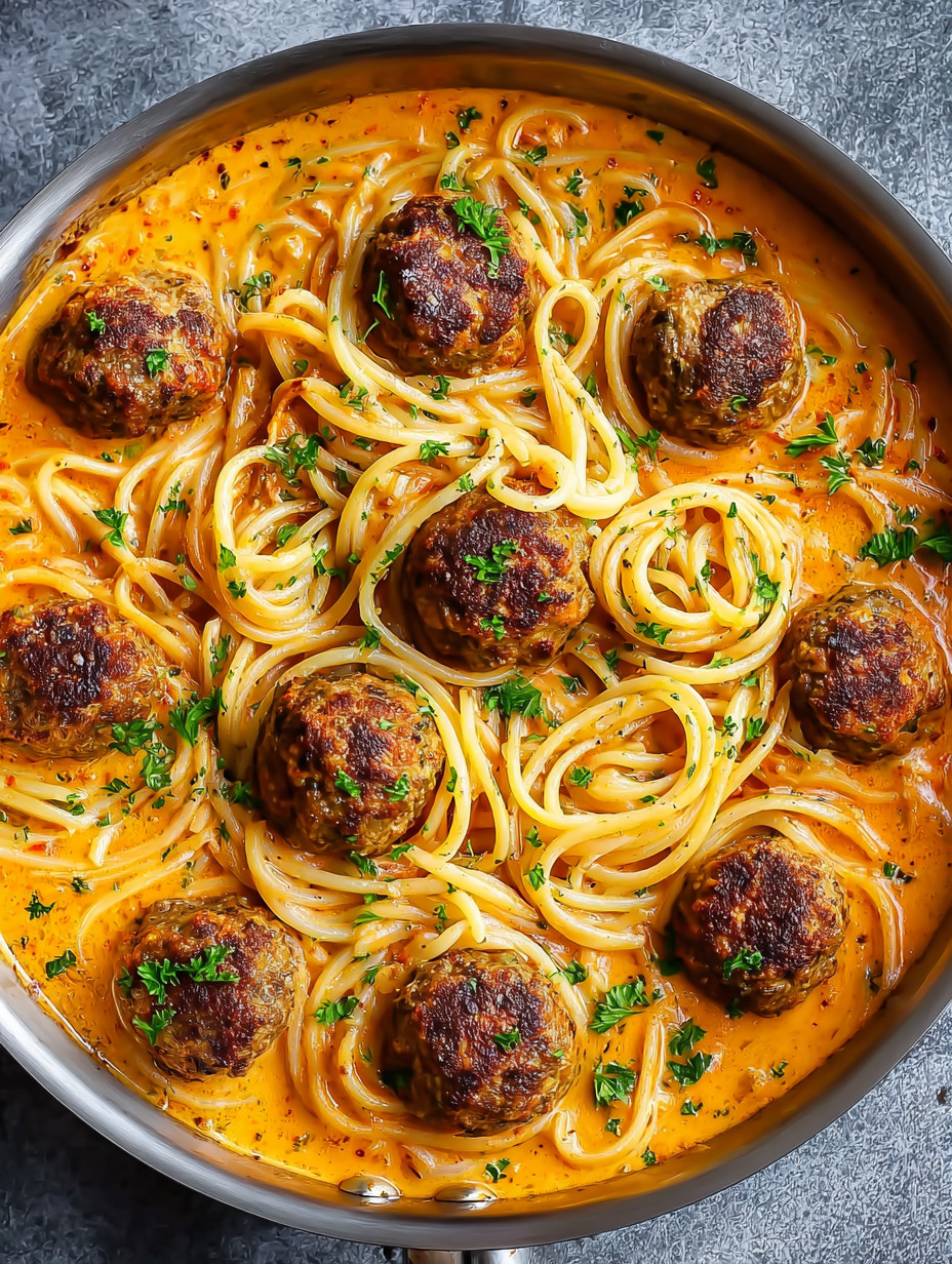 Eine Schüssel mit Spaghetti und Meatballs.
