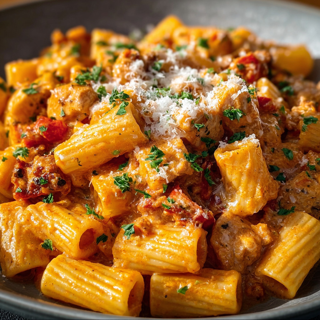 Ein Bild von Penne mit Tomaten, Zwiebeln und Parmesan.