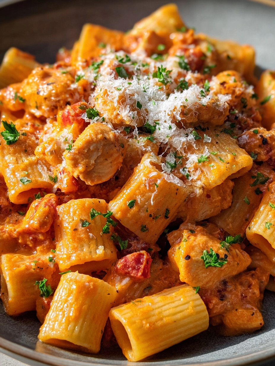 Eine Schüssel mit Penne-Nudeln, die mit Sauce und Parmesan belegt sind.