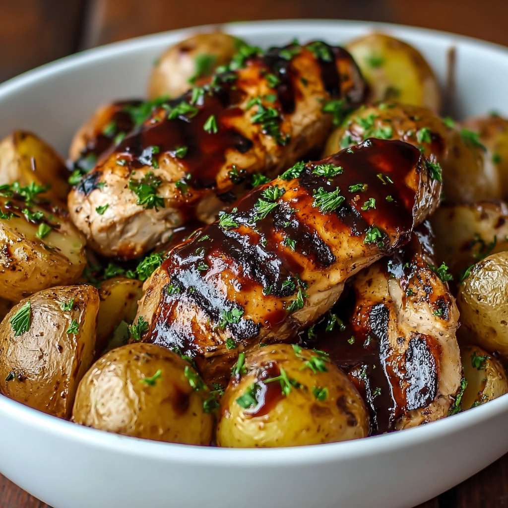 Ein weißer Teller mit einer Mischung aus Fleisch, Kartoffeln und Zwiebeln.