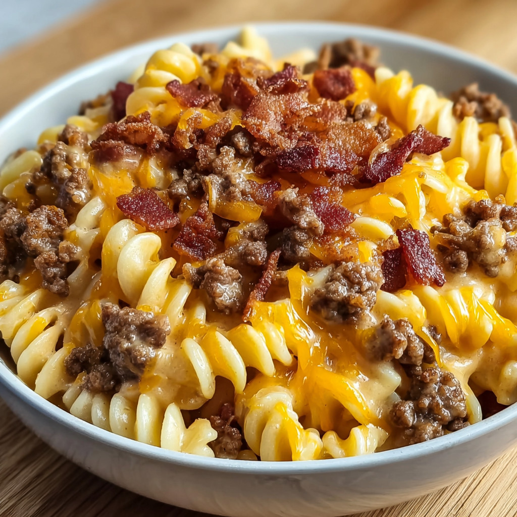 Ein weißer Teller mit Pasta und Bacon.