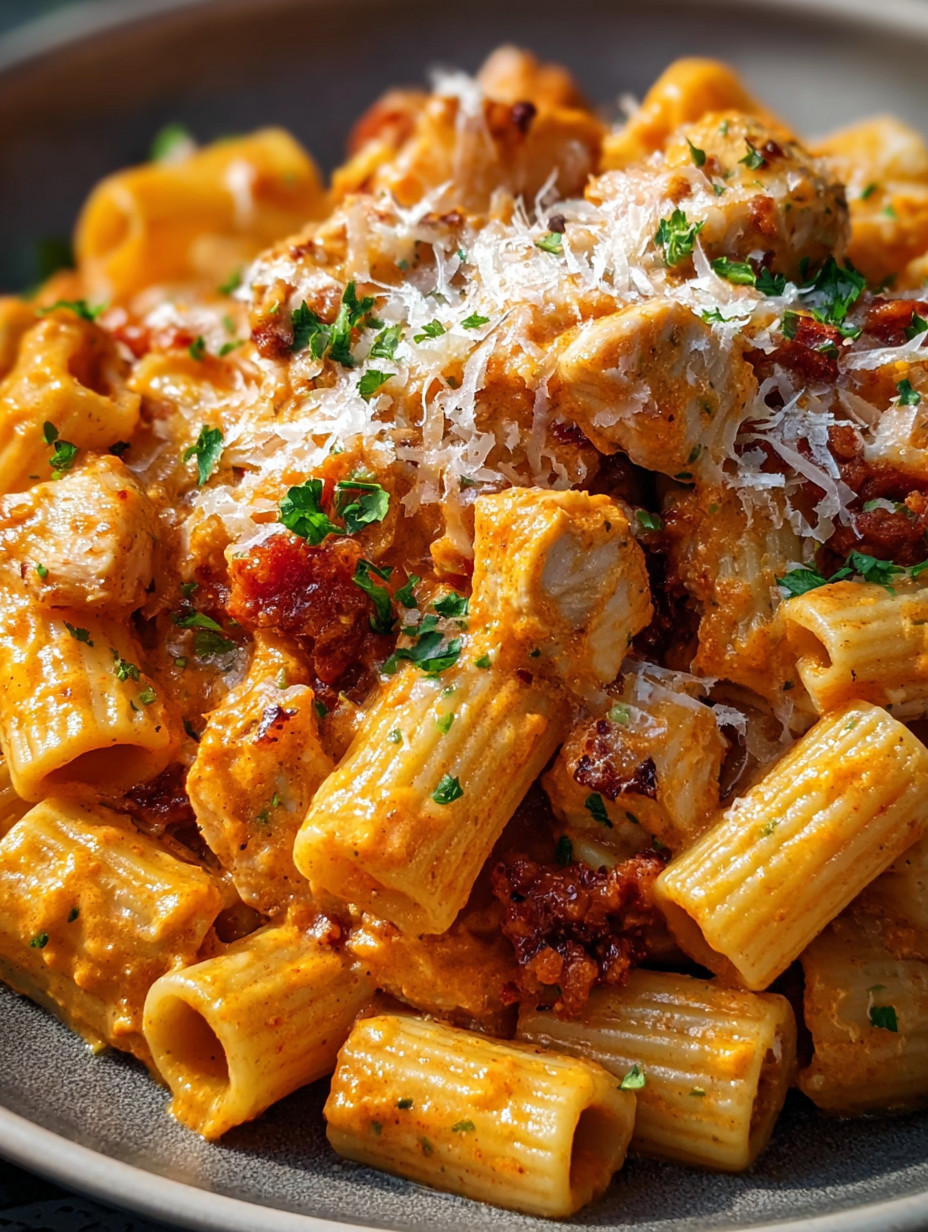 Eine Schüssel mit Penne-Nudeln und einer cremigen Sauce, die mit Bacon, Zwiebeln und Parmesan-Käse garniert ist.