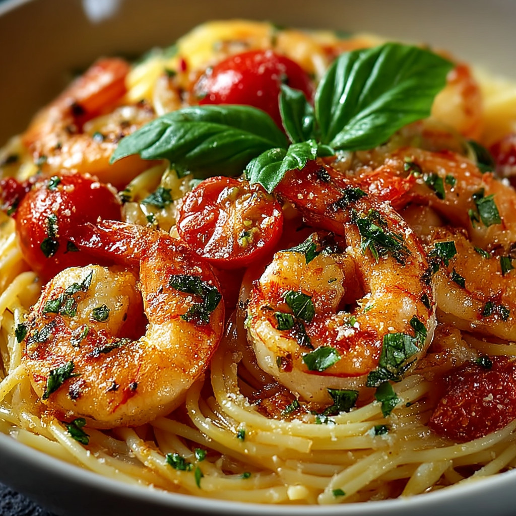 Ein Schmelztopf mit Pasta, Tomaten, Zwiebeln und Shrimp.