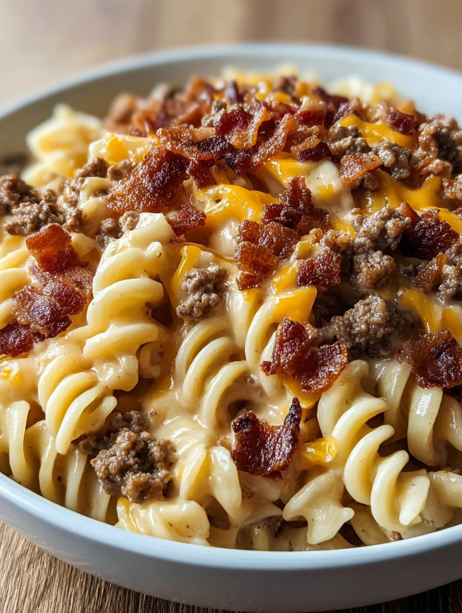 Ein weißer Teller mit Pasta und Bacon.