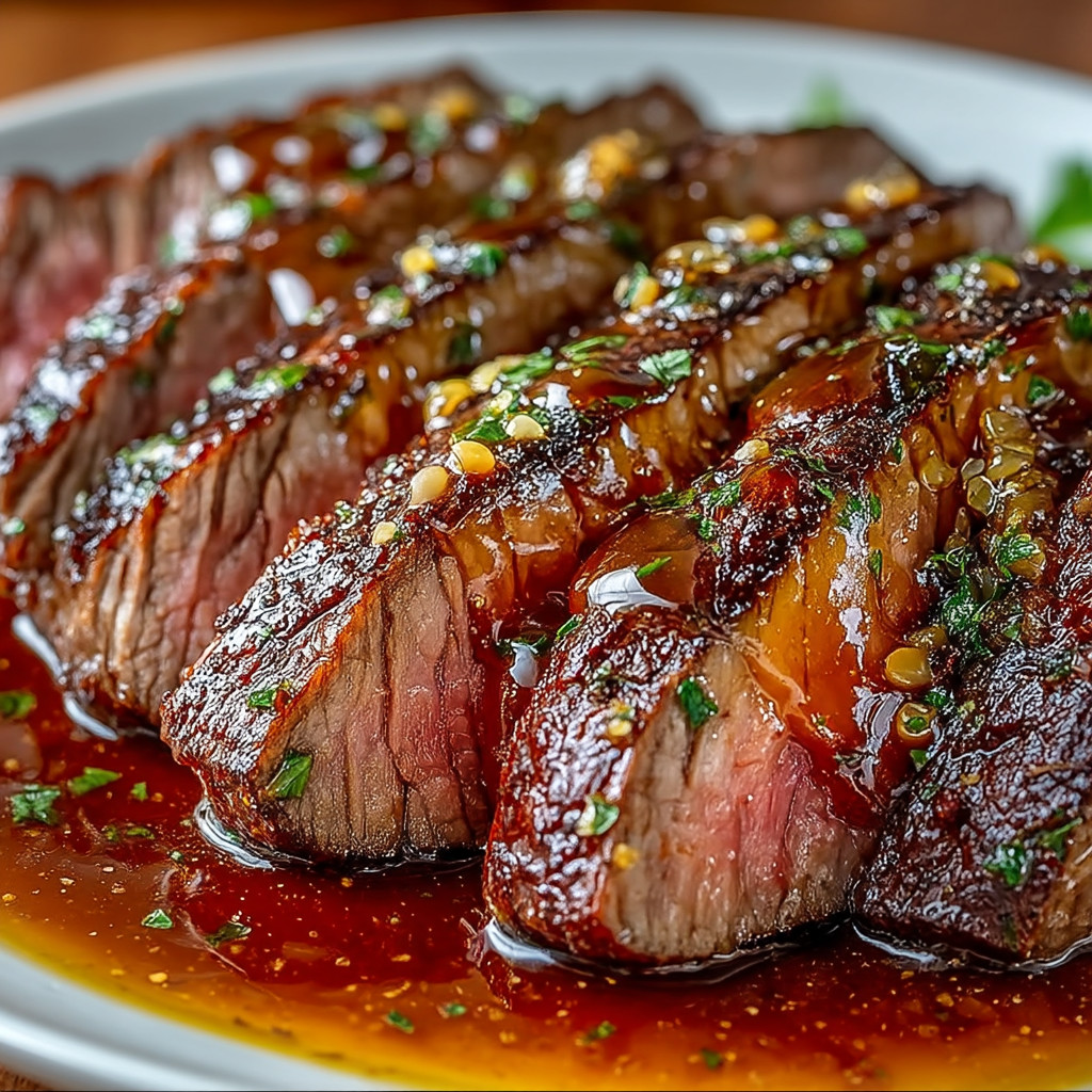Eine Platte mit gegrilltem Rindfleisch, das mit Gewürzen und Sauce garniert ist.