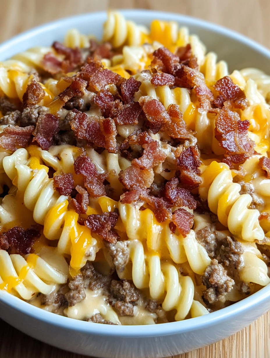 Ein Bohneneintopf mit Bacon, Pasta und Käse in einem weißen Teller.