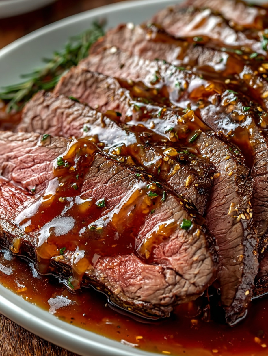 Eine Schüssel mit Steak, das mit Sauce und Kräutern garniert ist.