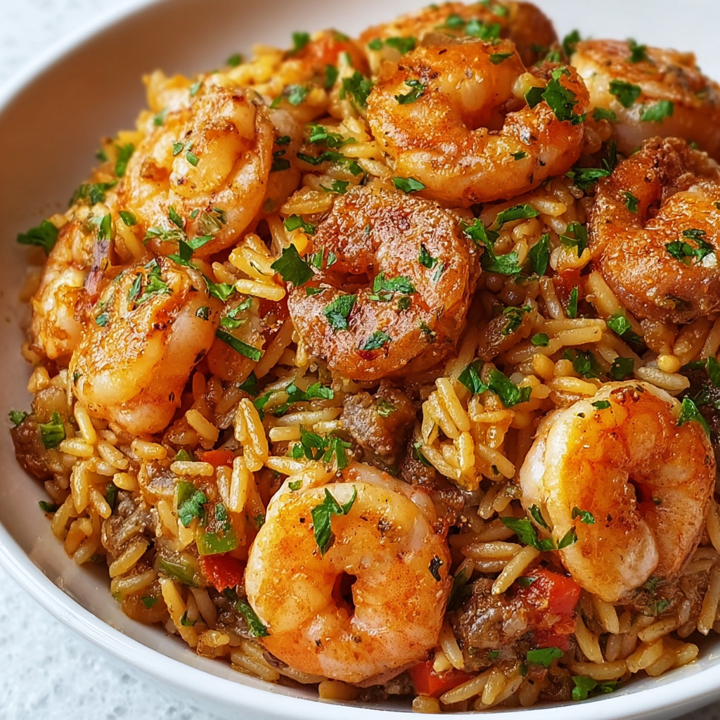 Ein weißer Teller mit einer Mischung aus Reis, Shrimp und Zwiebeln.